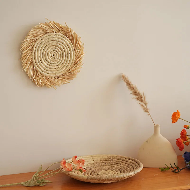 Boho Chic Handcrafted Seagrass Wall Baskets, Rattan Woven Round Bohemian Decor for Home,Farmhouse-Featherless,Versatile Use