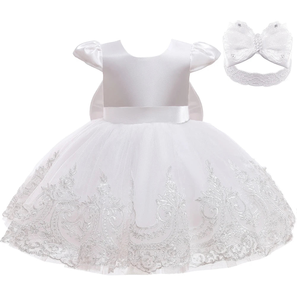 White Dress For Girls Elegant Flower Embroidery Princess Dress Toddler 1st Birthday Baby Girl Ceremonial Wedding Baptism Dress
