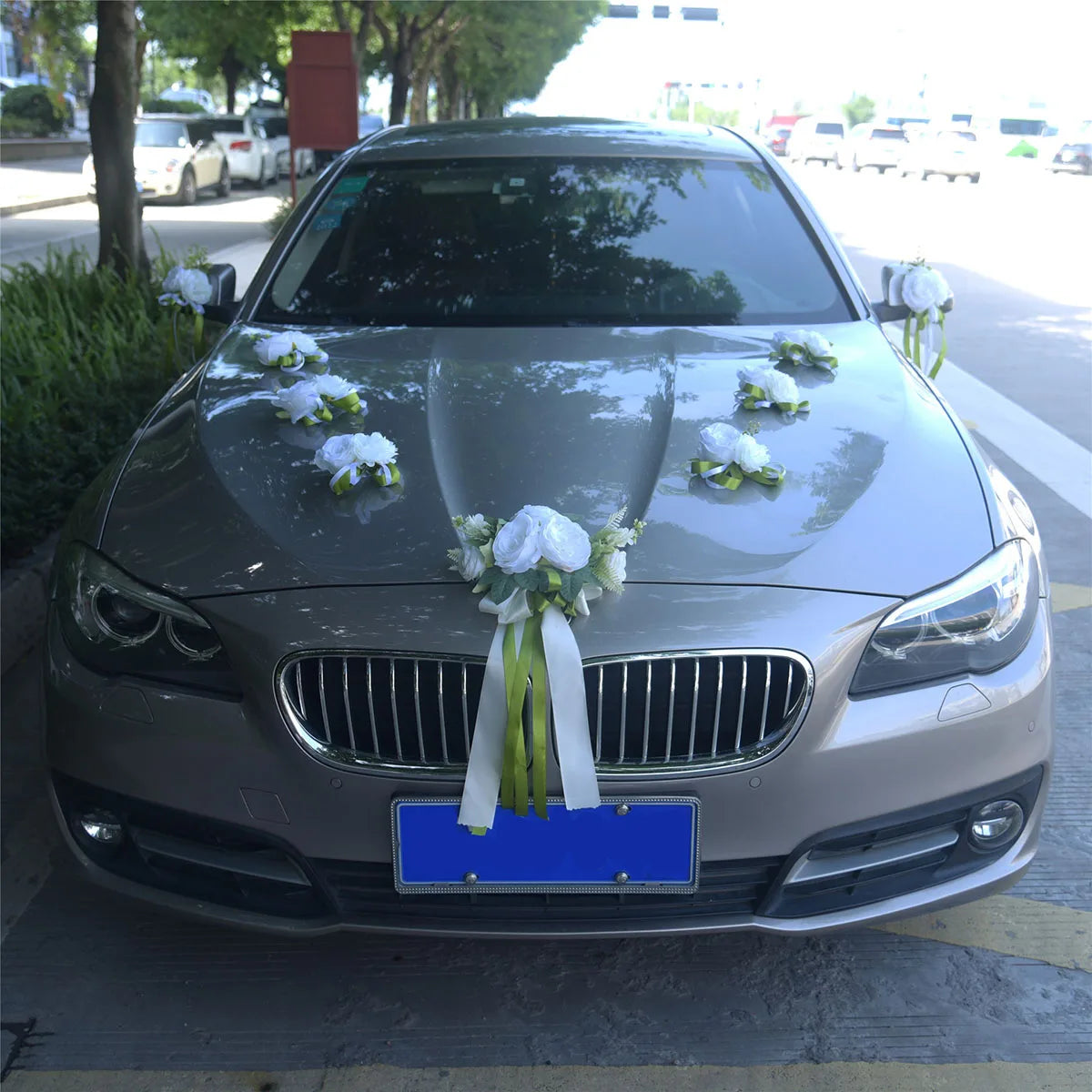 YeeNanee 13pcs/Set Just Married Car Decoration Flowers Pink Aftificial Rose with Ribbon for Wedding Car Mirror Door Handle Decor