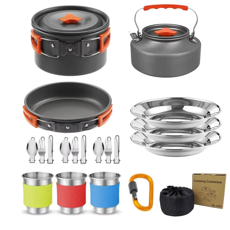 Outdoor Camping Cooking Set for 2-3 People Portable Folding Pot and Kettle Combo Camping Tableware Hiking Backpacking Gear