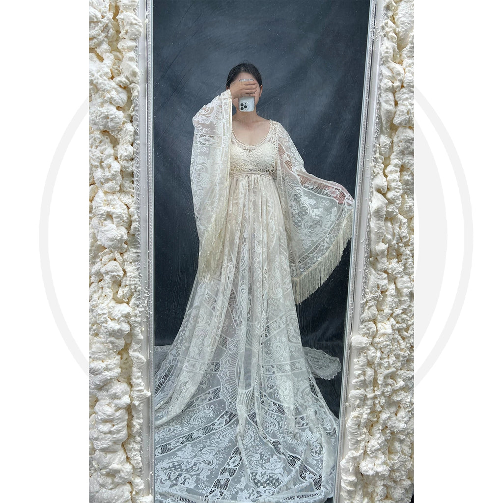 Don&Judy Maternity Dress Boho Photo shoot Maxi Long Sleeve Wedding Party Evening Ivory Gown for Bride Pregnant Women Photography