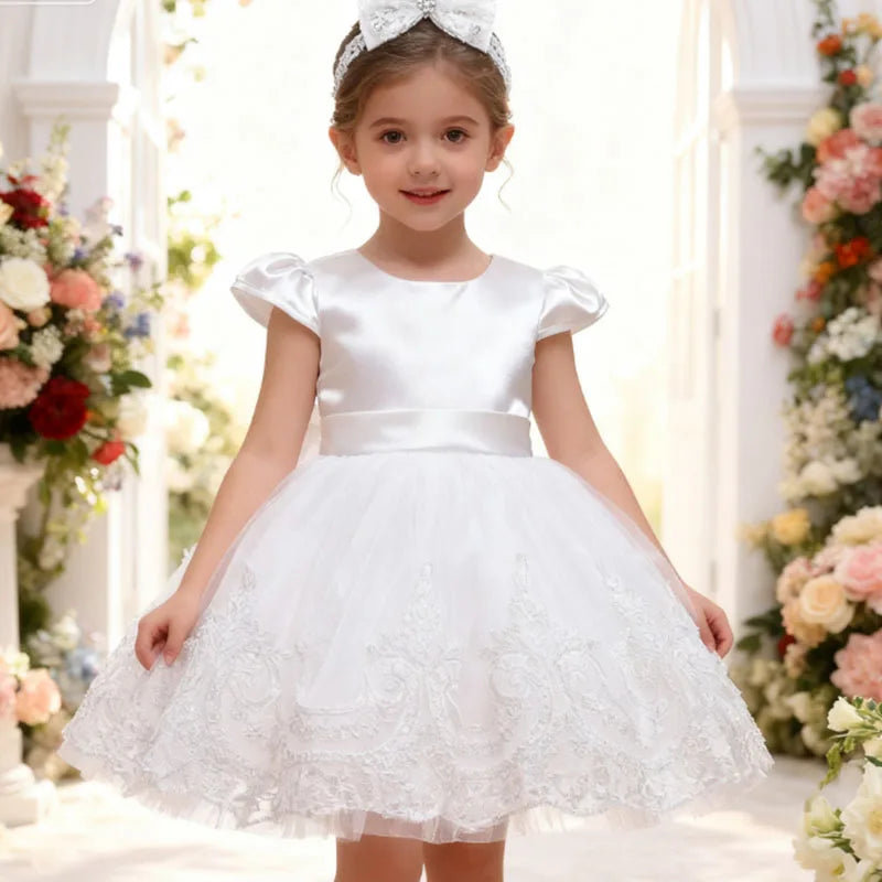 White Dress For Girls Elegant Flower Embroidery Princess Dress Toddler 1st Birthday Baby Girl Ceremonial Wedding Baptism Dress