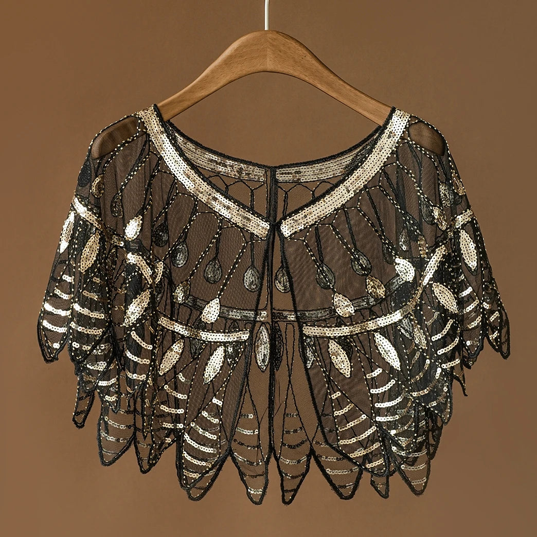 1920s Retro Leaf Beaded Sequin Flapper Shawl Loose Decoration Outerwear Short Cape Evening Party Ladies Cloak Shawl Black