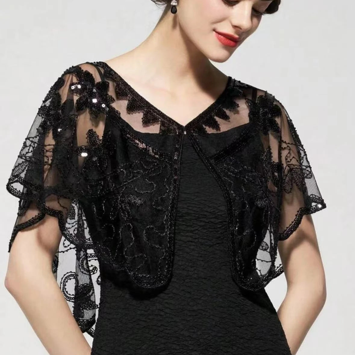 1920s Sequin Flapper Shawl Vintage Thin Breathable Shiny Cape Elegant Style Outside Short Cloak For Women Banquet