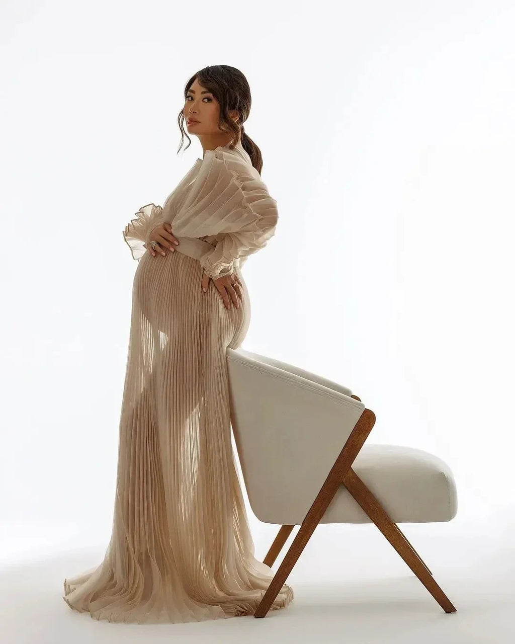 2025 Fashion Sheer New Pleated Organza Maternity Dresses for Photoshoot Pregnant Dress Maternity Baby Shower Dresses YEWEN