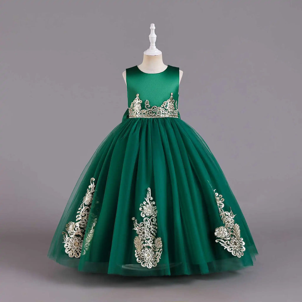 Elegant Girl's Flower Sequined Wedding Princess Dress For Children Performance Birthday Party Lace Long Dress