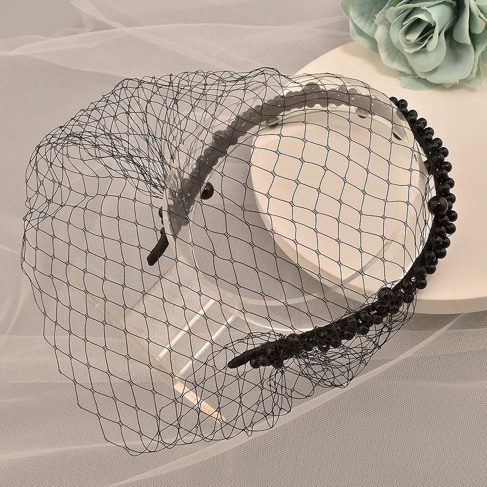 JM26 Tulle Cage Veil with Pearls Wedding Birdcage Veil with Headband Face Cover Bride Headdress Wedding Accessories Mariage