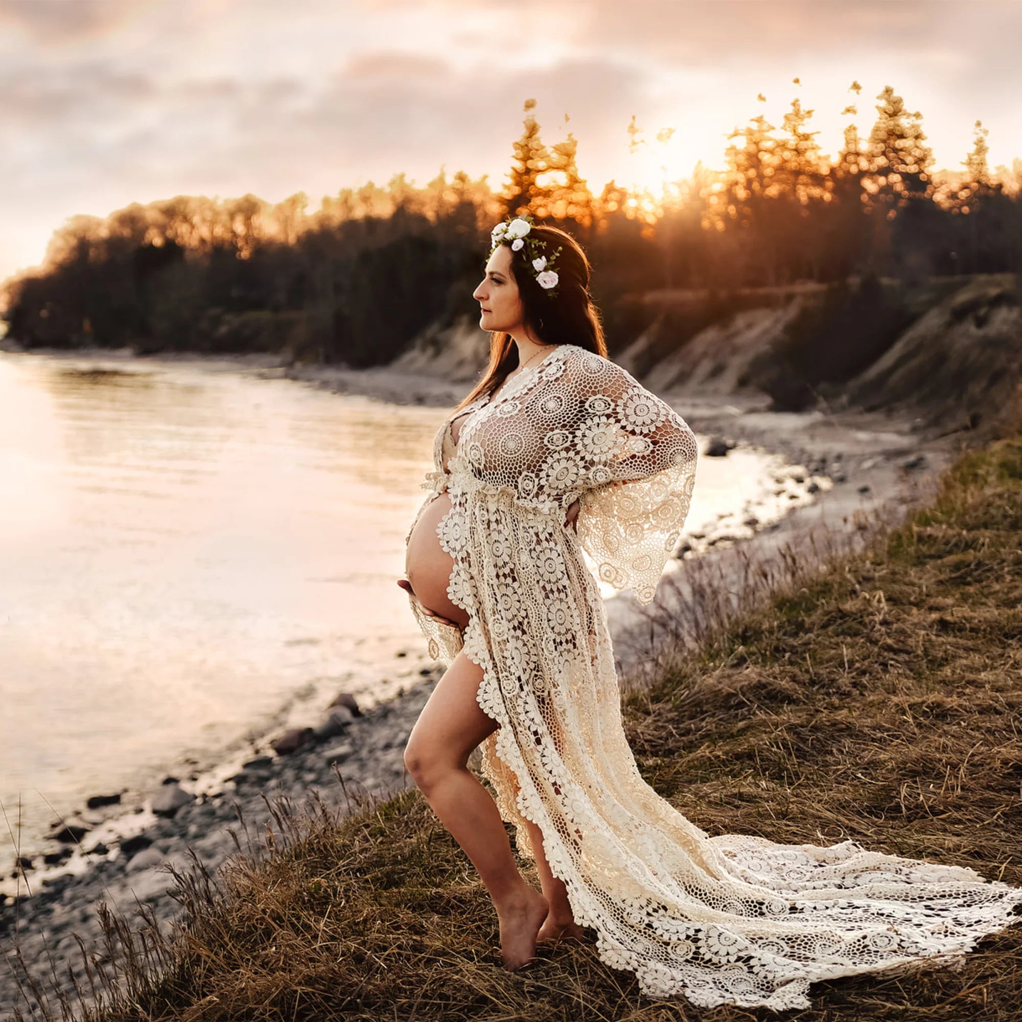 Don&Judy Maternity Dress Boho Photo shoot Maxi Long Sleeve Wedding Party Evening Ivory Gown for Bride Pregnant Women Photography