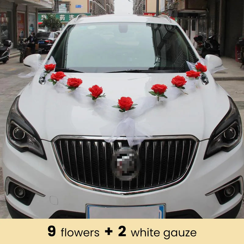 White Rose Artificial Flower for Wedding Car Decoration Bridal Car Decorations Door Handle Ribbons Silk Flower