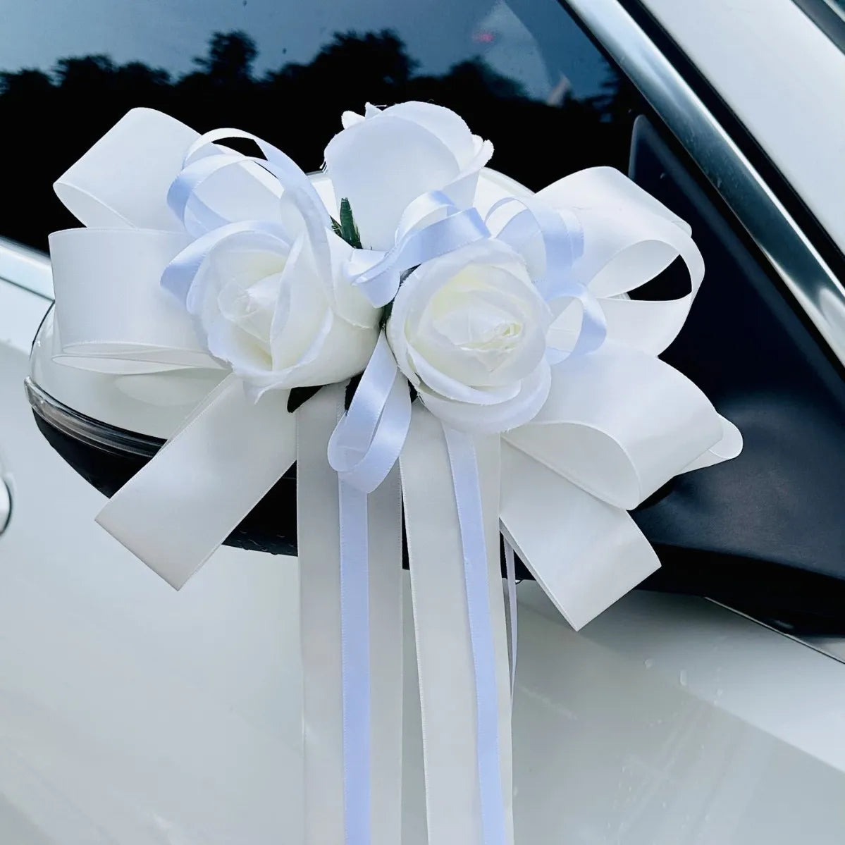 Yannew 4pcs Wedding Car Rearview Mirror Flowers with Ribbon Bow Tie Just Married Auto Door Handle Decoration Aisle Rose Flower