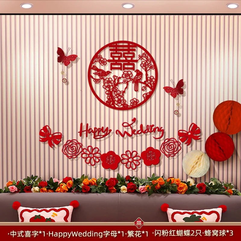 Chinese Wedding Decoration Wall Double Happiness Background Ornament Traditional Wedding Wall Stickers Supplies