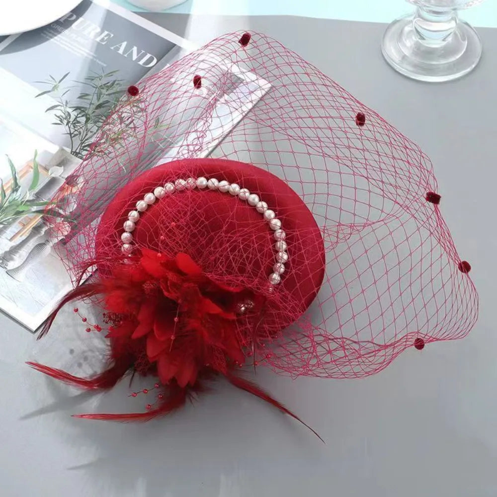 New Elegant Bridal Headwear Pearl Flower Mesh Wedding Veil Hat Vintage Temperament Fascinators Hat For Women