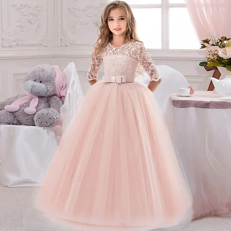 Girl's Dress 6-14 Y Flower Girls Wedding Elegant Lace Prom Bridesmaid Birthday Party Kids Lace Dress Vintage Performance Dresses