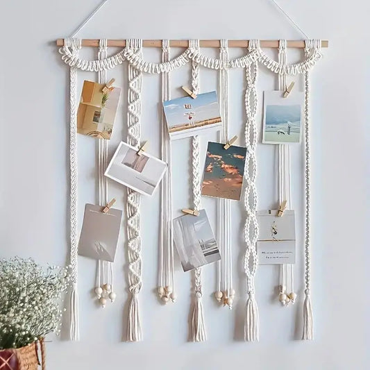 Boho Photo Display Clip Handmade Exquisite Tassel Wall Hanging Decoration Photograph Storage Tool With 20 Wooden Clips