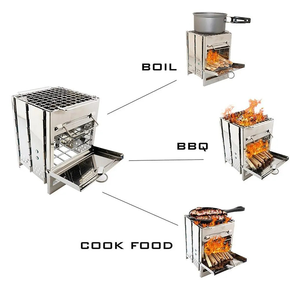 Portable Camping Wood Burning Stove Folding Camp Stove Stainless Steel Campfire Stove for Outdoor Cooking Picnic Hiking BB