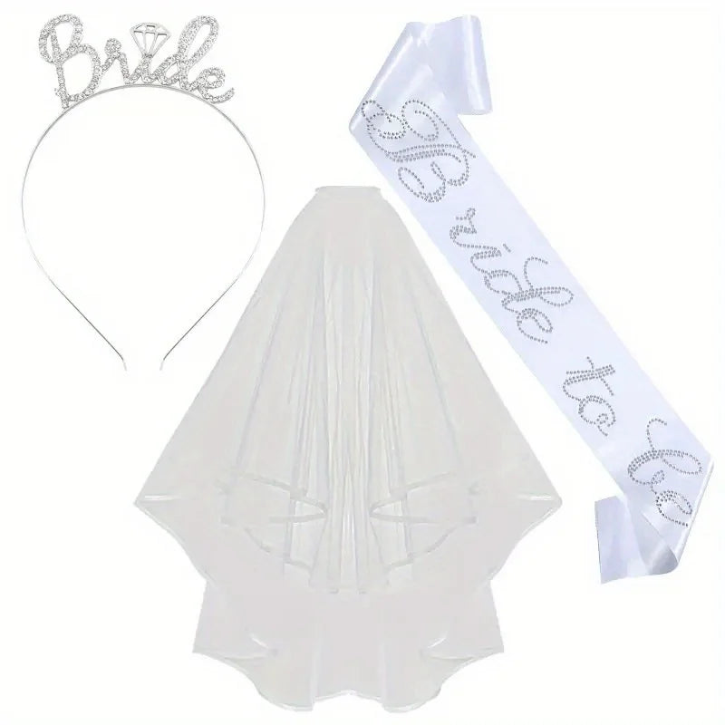 3 Pcs White Bachelorette Party Decorations Bridal Shower Crown Bride to Be Sash&Veil for Women Bachelorette Party Gifts