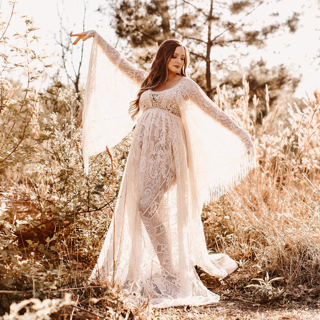 Don&Judy Maternity Dress Boho Photo shoot Maxi Long Sleeve Wedding Party Evening Ivory Gown for Bride Pregnant Women Photography