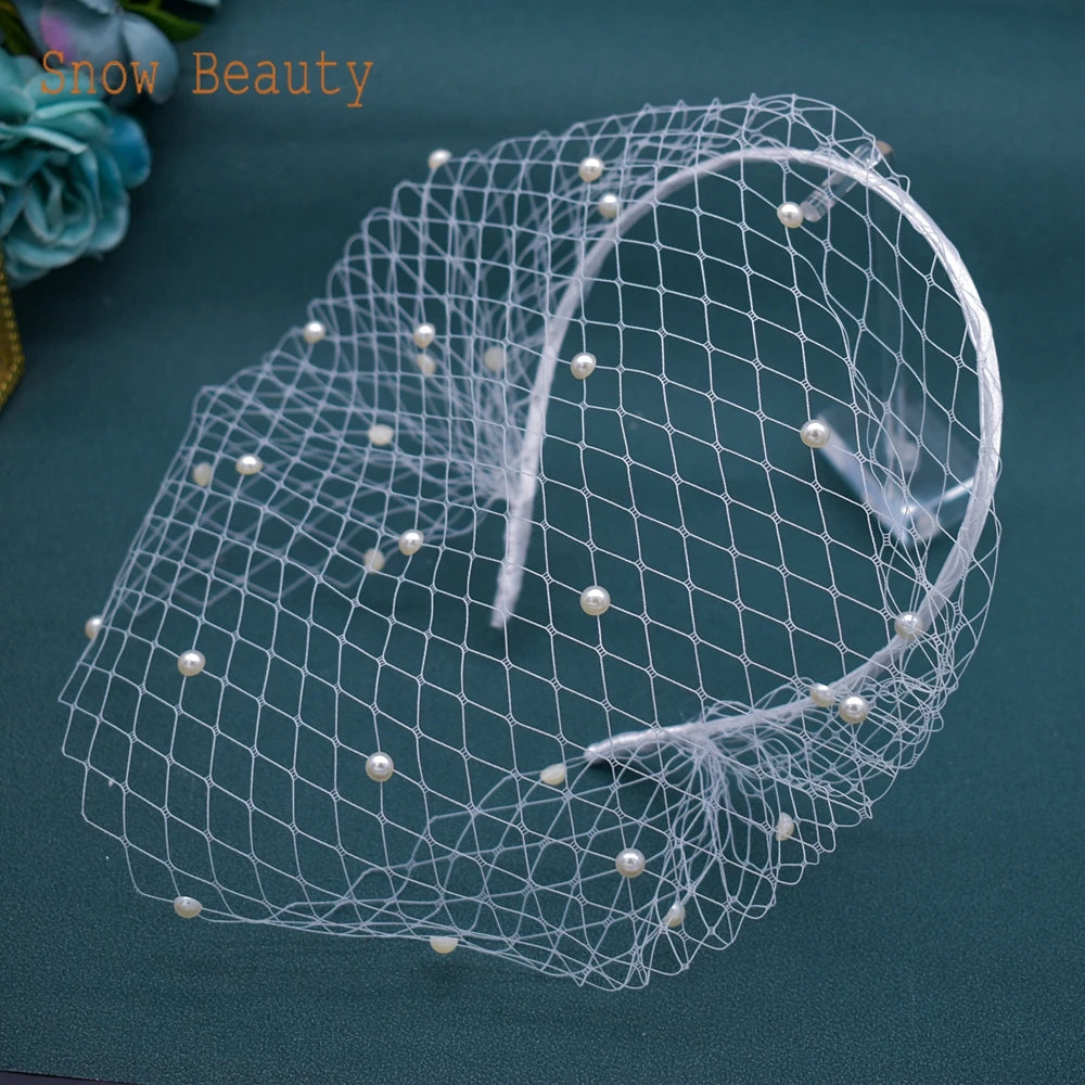 JM20 Pearl Veil for Face Women's Hat for Wedding Bride Headwear Bridal Fascinator Hair Ornament Birdcage Veil Pearl Headpiece