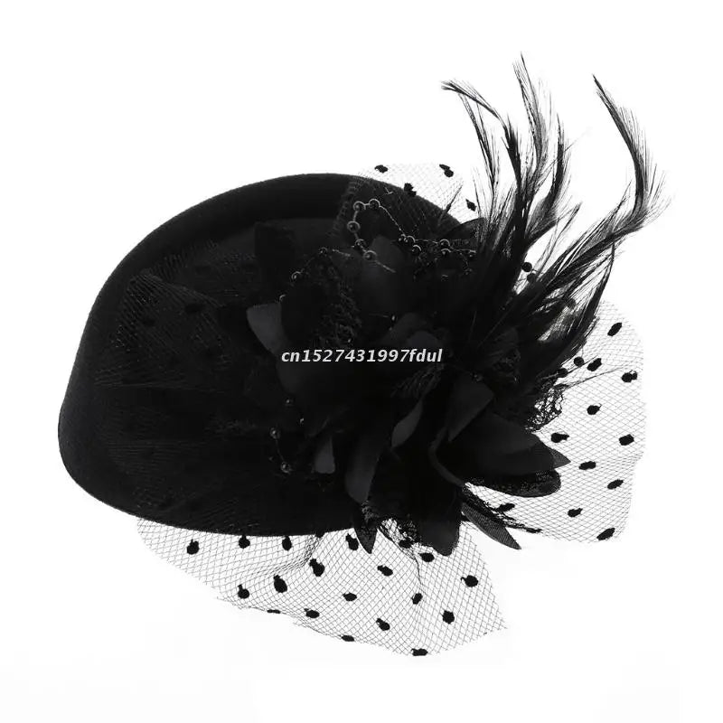 A52E Womens Fascinator Hat Topper Mesh Veil Flower Feather Pearl Beaded Decor Hair Clips Wedding Bridal Cocktail Headwear