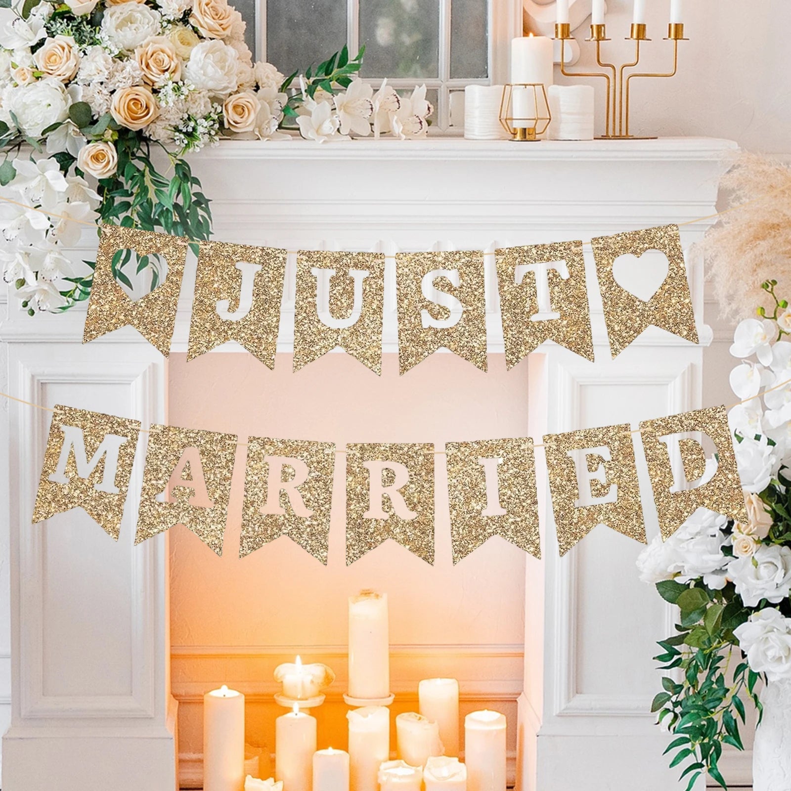 Just Married Banner Gold Glitter Wedding Party Banner Gold Wedding Reception Party or Car Decorations & Decor