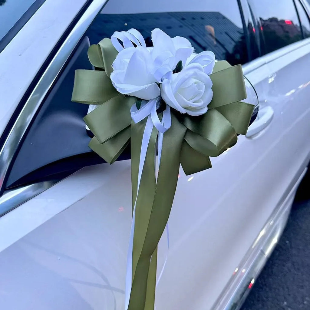 Yannew 4pcs Wedding Car Rearview Mirror Flowers with Ribbon Bow Tie Just Married Auto Door Handle Decoration Aisle Rose Flower