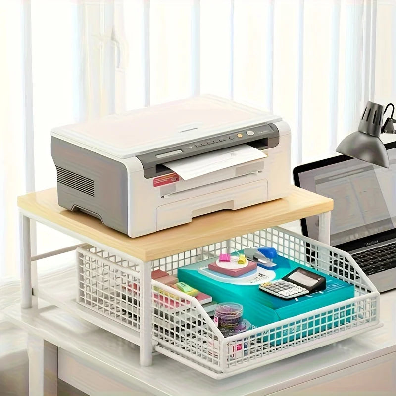 Kitchen Countertop Organizer with Drawer & Wire Basket - Sturdy Hardwood & Metal 2-Tier Storage Shelf for Coffee Maker, Utensils