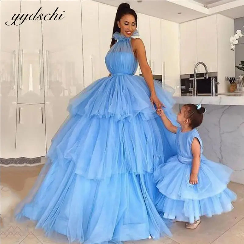 Blue Mother And Daughter Family Clothes Tulle High Neck Ball Gown Princess Formal Party Evening Gown For Graduation 2025