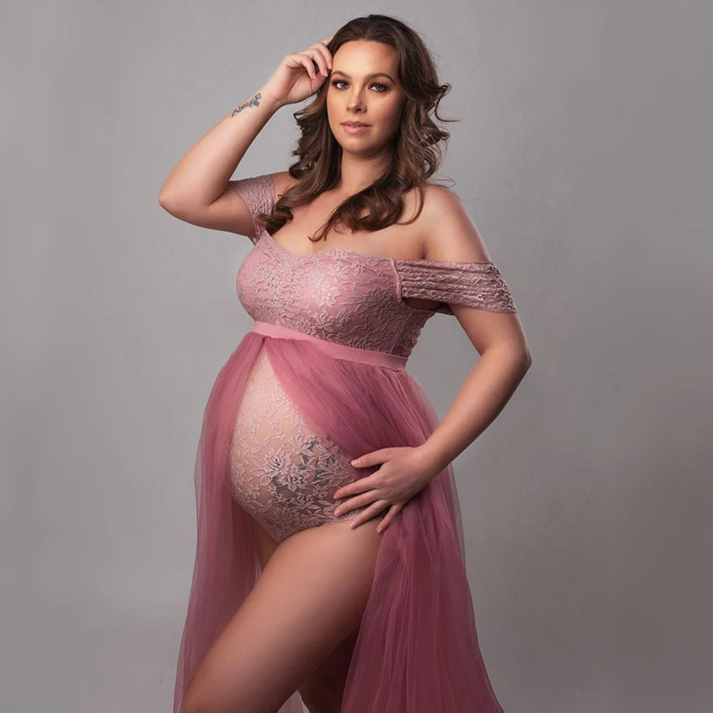 Maternity Photography Dresses Pregnancy Lace Bodysuit  Tulle Long Sides Slit With Flying Dress Pregnant Woman Photo Shoot Outfit