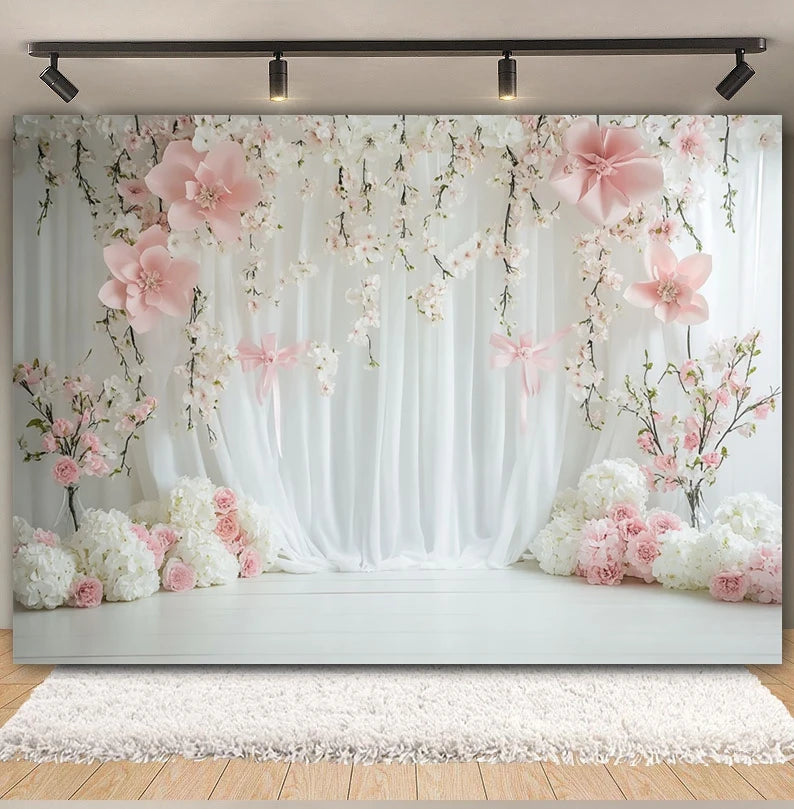 Wedding Scene Party Backdrop for Photography Pink Flower Palace White Wall Bridal Shower Wedding Portrait Decor Photo Background