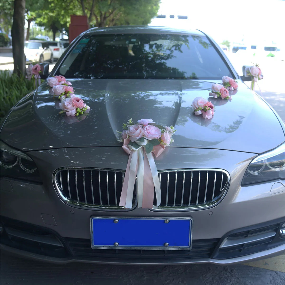 YeeNanee 13pcs/Set Just Married Car Decoration Flowers Pink Aftificial Rose with Ribbon for Wedding Car Mirror Door Handle Decor