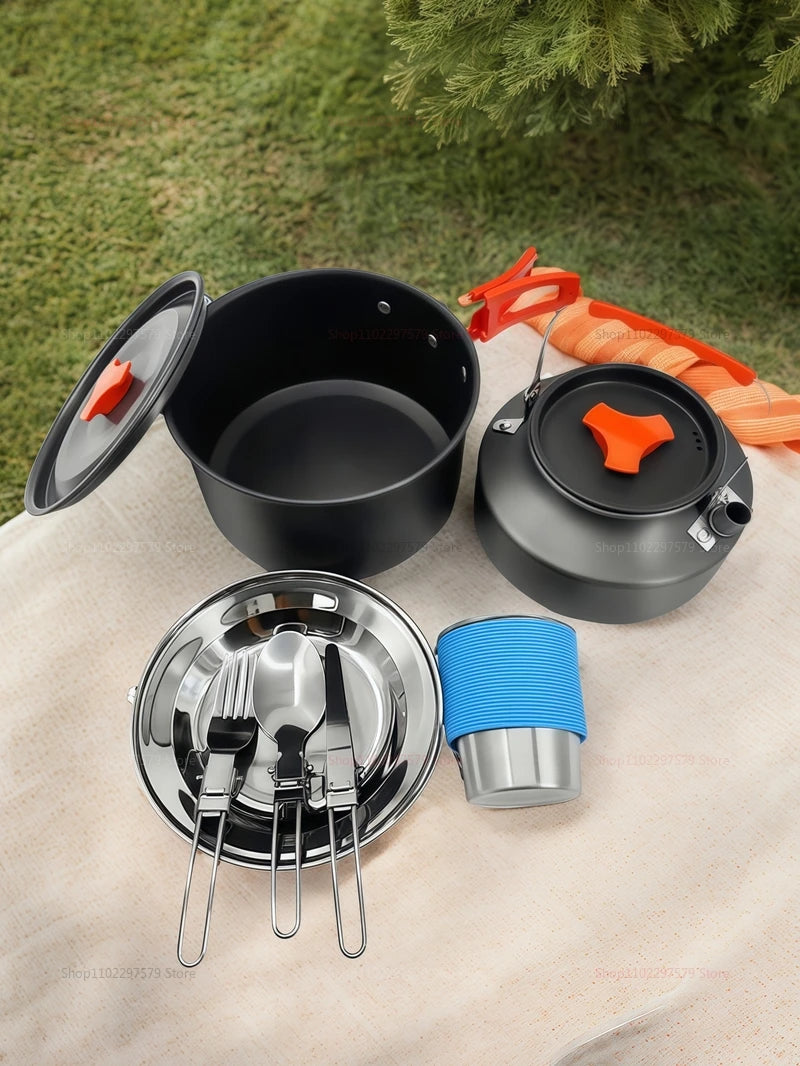 Outdoor Camping Cooking Set for 2-3 People Portable Folding Pot and Kettle Combo Camping Tableware Hiking Backpacking Gear