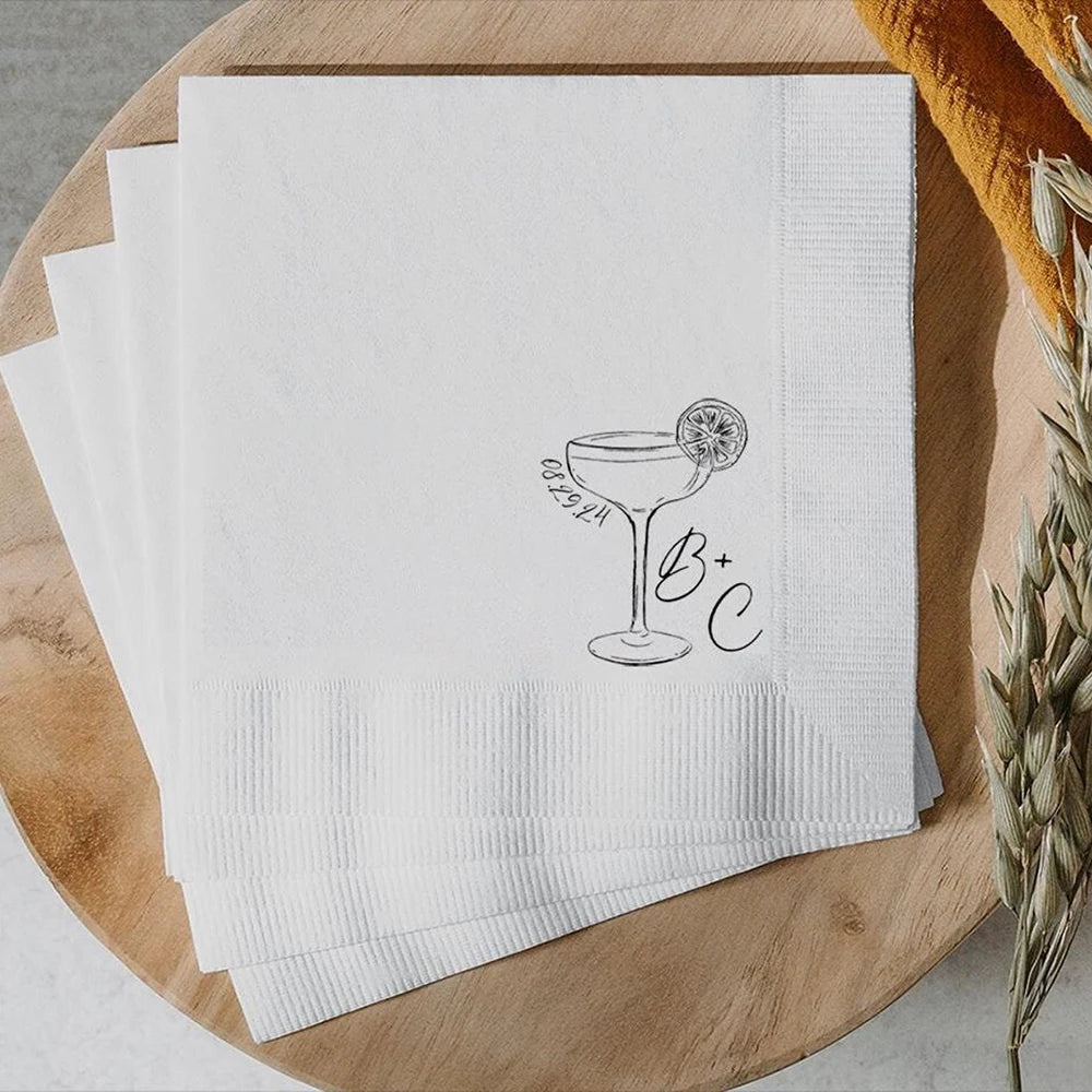 Personalized Wedding Party Napkins Wine Glasses Cocktail Beverage Paper,Anniversary Party Monogram,Custom Bridal Shower Napkins