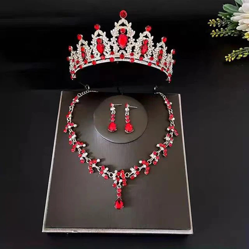 3pcs set Bridal Bride Crystal Tiaras Crowns Earrings Necklace Jewelry Set Rhinestone Wedding Hair Accessories for Women