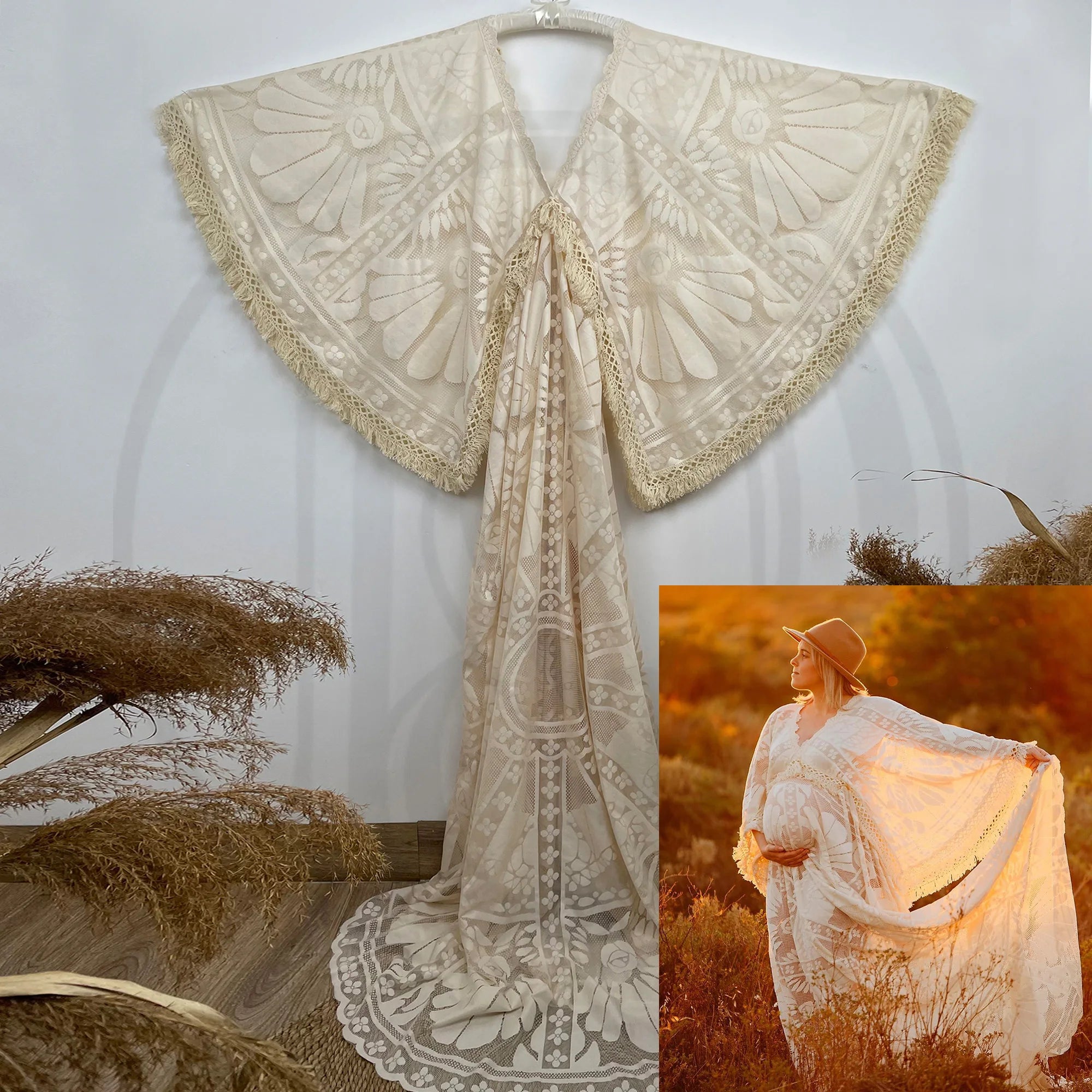 Don&Judy Maternity Dress Boho Photo shoot Maxi Long Sleeve Wedding Party Evening Ivory Gown for Bride Pregnant Women Photography