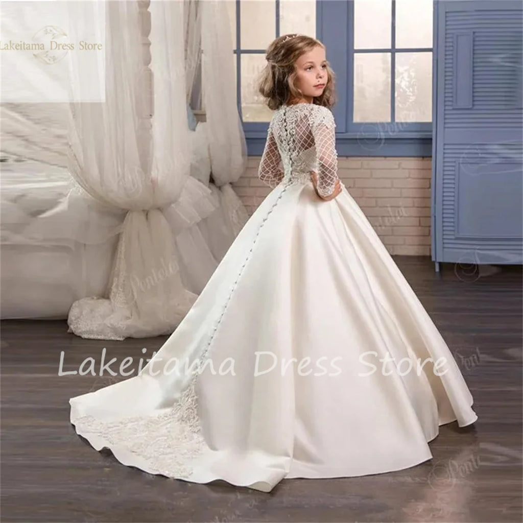 Wedding Dress Flower Girl Dresses Kids Satin Sashes Bow Simple Organza Cap Sleeves Girls Princess Evening Dress