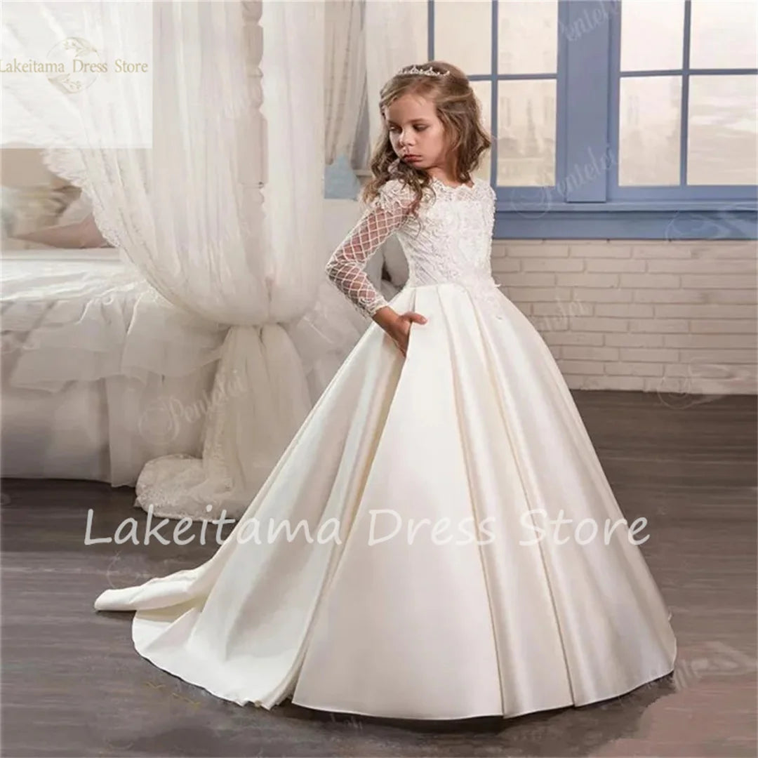 Wedding Dress Flower Girl Dresses Kids Satin Sashes Bow Simple Organza Cap Sleeves Girls Princess Evening Dress
