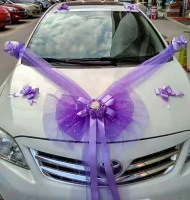 Wedding Car Decoration Flower Set Cover Door Handle Ribbons Silk Flower Garland With Tulle Rose Accessory Wed Decor2023