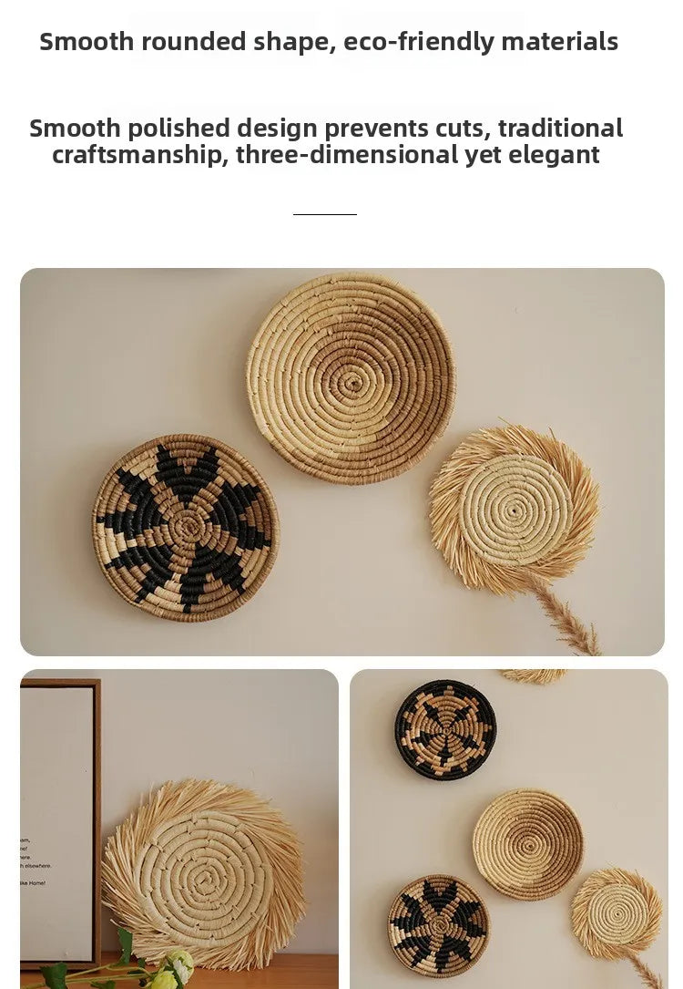 Boho Chic Handcrafted Seagrass Wall Baskets, Rattan Woven Round Bohemian Decor for Home,Farmhouse-Featherless,Versatile Use