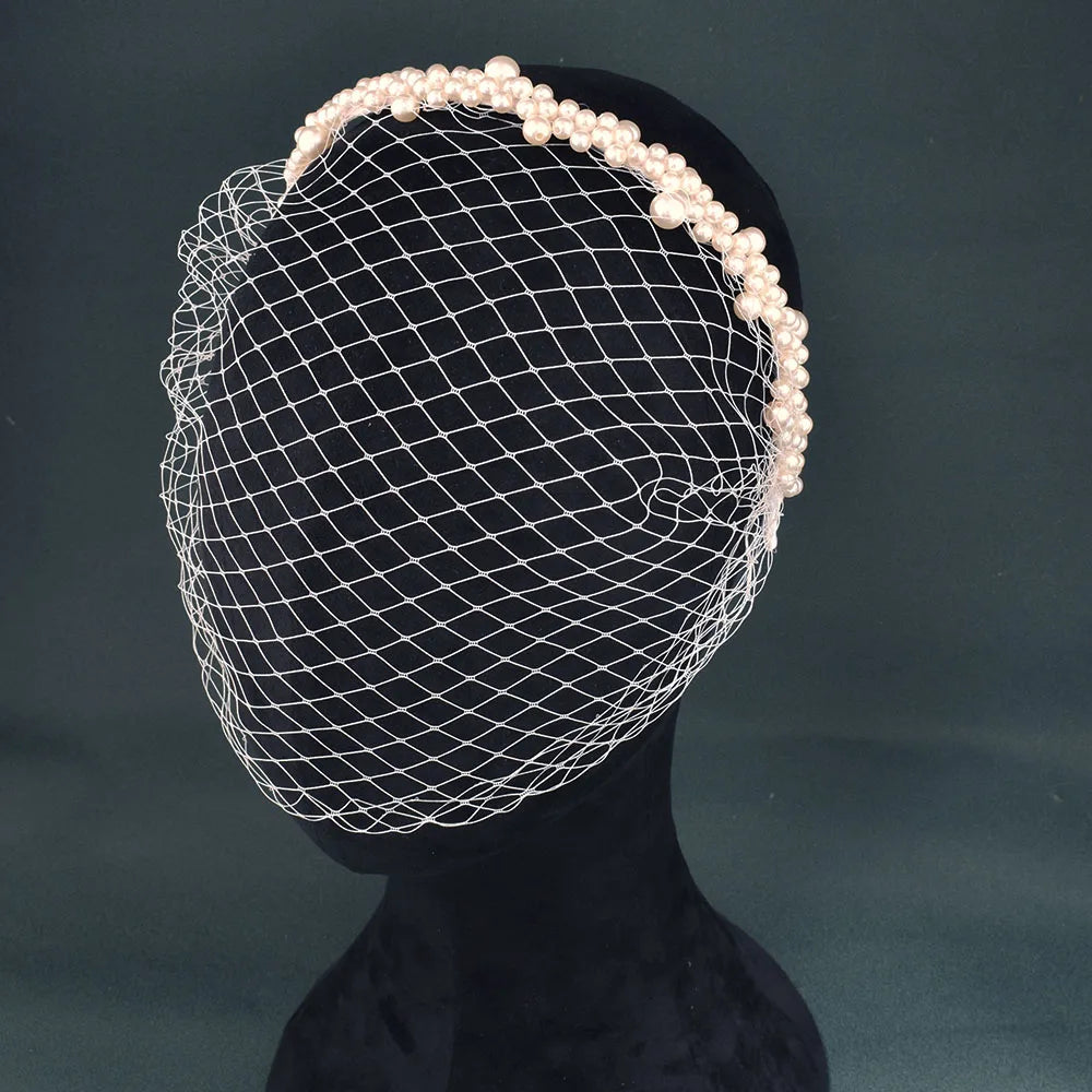 JM26 Tulle Cage Veil with Pearls Wedding Birdcage Veil with Headband Face Cover Bride Headdress Wedding Accessories Mariage