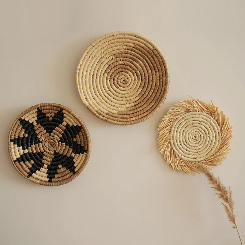 Boho Chic Handcrafted Seagrass Wall Baskets, Rattan Woven Round Bohemian Decor for Home,Farmhouse-Featherless,Versatile Use