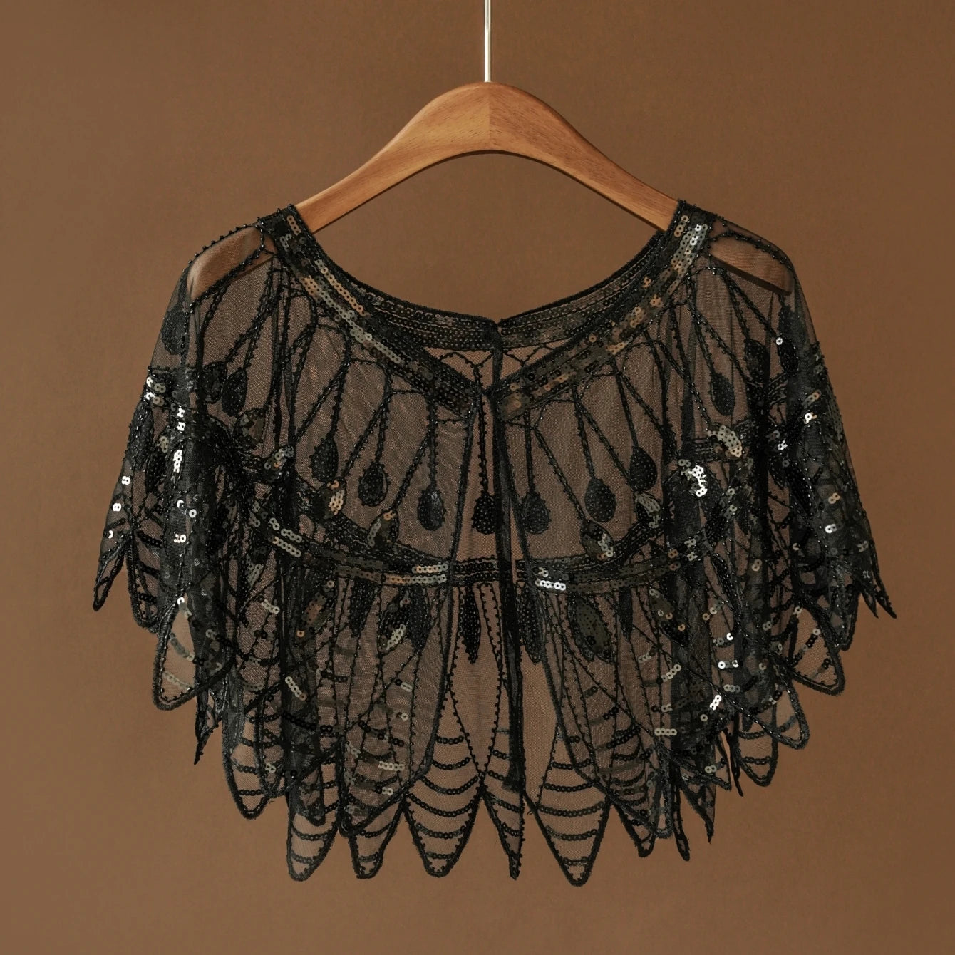 1920s Retro Leaf Beaded Sequin Flapper Shawl Loose Decoration Outerwear Short Cape Evening Party Ladies Cloak Shawl Black