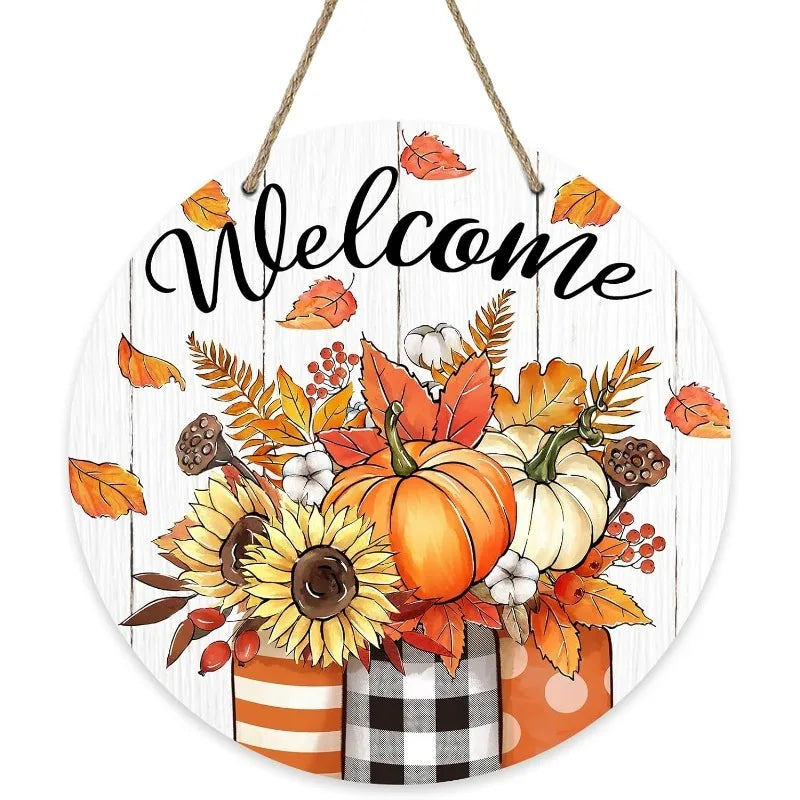 Thanksgiving Front Door Decor - Fall Pumpkin & Sunflower Wood Wreath with Mason Jar for Porch or Farmhouse Wall Display
