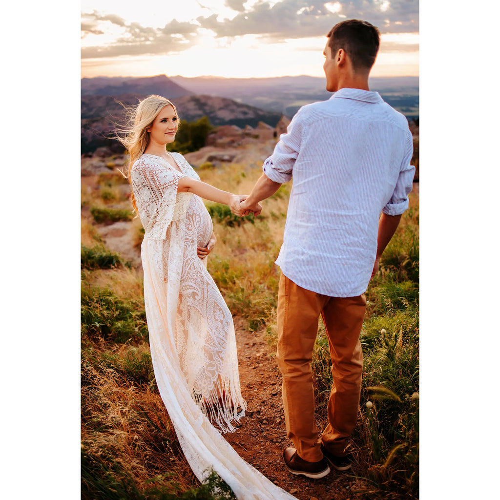 Don&Judy Maternity Dress Boho Photo shoot Maxi Long Sleeve Wedding Party Evening Ivory Gown for Bride Pregnant Women Photography