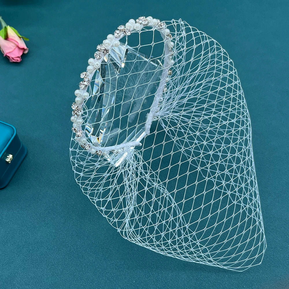 JM26 Tulle Cage Veil with Pearls Wedding Birdcage Veil with Headband Face Cover Bride Headdress Wedding Accessories Mariage