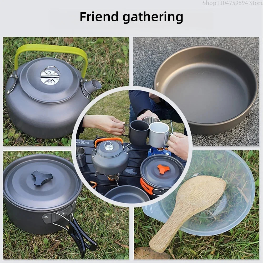 Outdoor cooking equipment - 2-3 person camping pot set with folding pot and kettle combination kit panelas camping Tableware