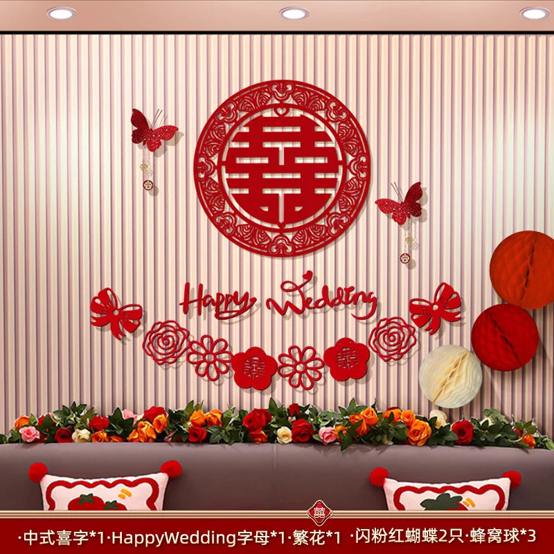 Chinese Wedding Decoration Wall Double Happiness Background Ornament Traditional Wedding Wall Stickers Supplies