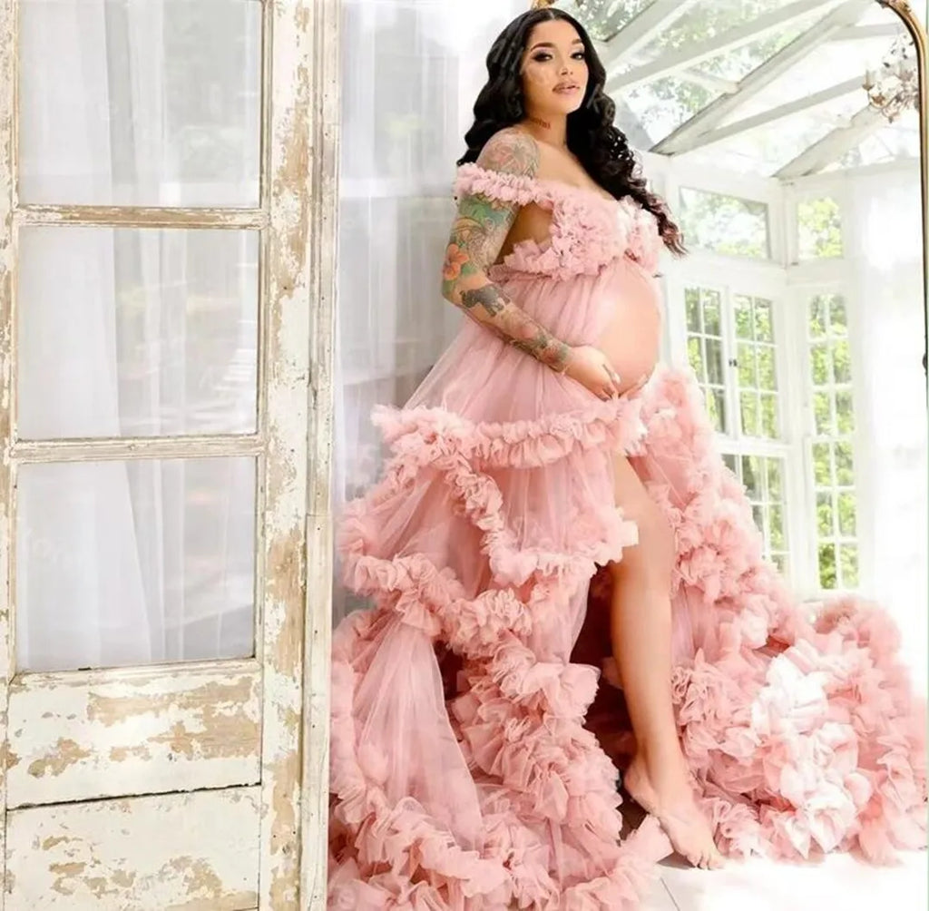 Sexy Maternity Star Dresses Ruffles Tulle Pregnant Photo Gowns for Photoshoot Baby Shower 3D Floral Off the Shoulder Robes
