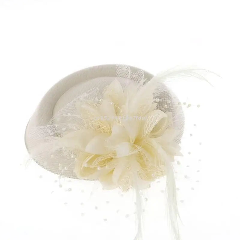 A52E Womens Fascinator Hat Topper Mesh Veil Flower Feather Pearl Beaded Decor Hair Clips Wedding Bridal Cocktail Headwear