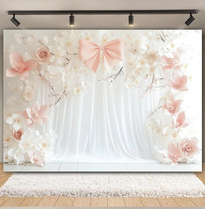 Wedding Scene Party Backdrop for Photography Pink Flower Palace White Wall Bridal Shower Wedding Portrait Decor Photo Background