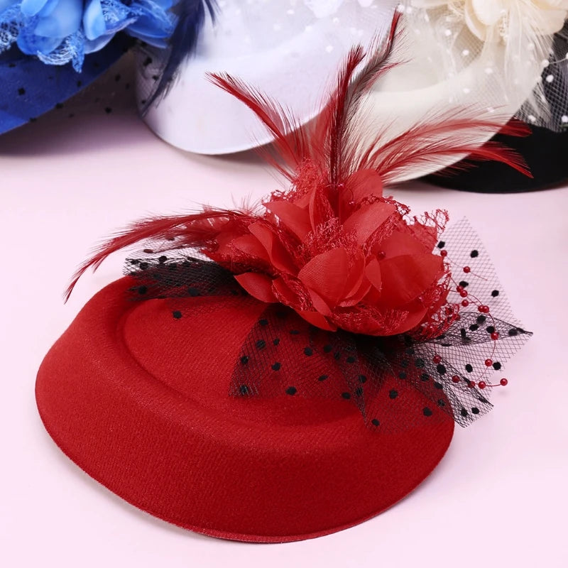 A52E Womens Fascinator Hat Topper Mesh Veil Flower Feather Pearl Beaded Decor Hair Clips Wedding Bridal Cocktail Headwear